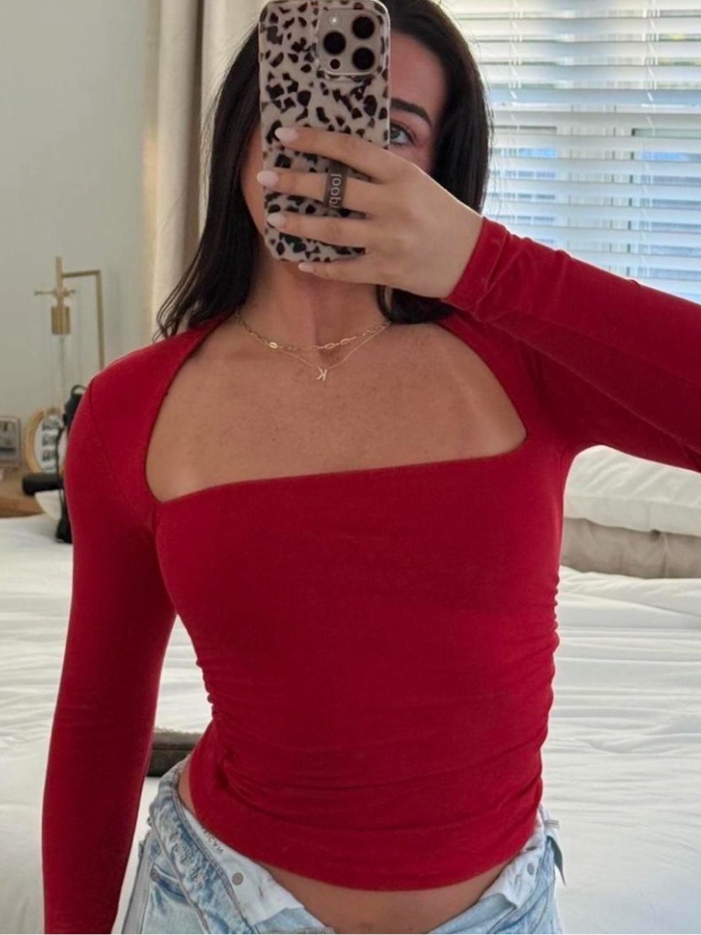 NWT Abercrombie & Fitch Red Ruched Sweetheart Long Sleeve Top Large